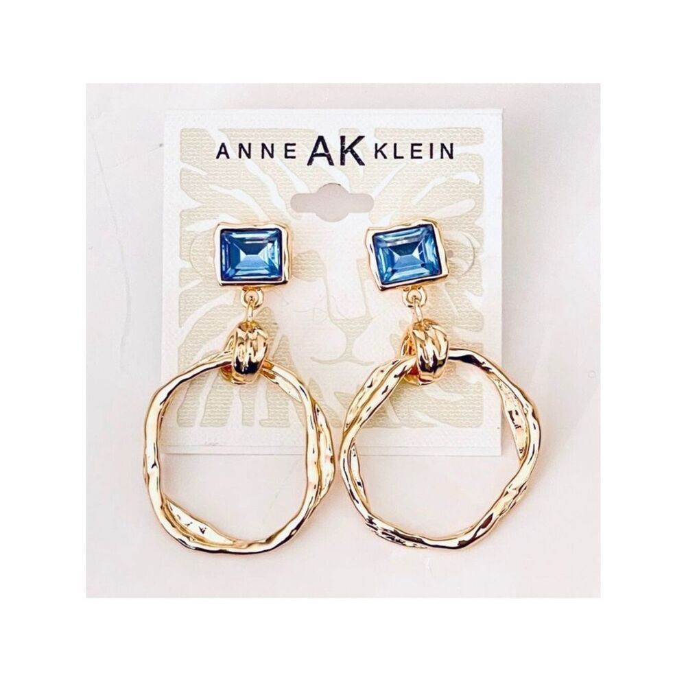 NWT Anne Klein Gold Tone Hammered Hoops drop earrings with a blue baguette stone